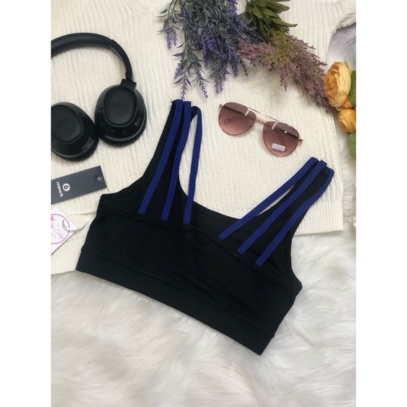 Mono B Womens size S Sports Bra Criss Cross top Royal Blue Black multi straps - Picture 10 of 13
